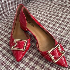 JX.IXUAN Red Patent Leather D’Orsay Shoes, Gold Buckle, 1.5” Heel, New